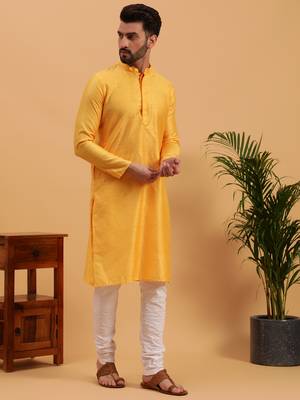 Namaskar YELLOW COTTON Full Sleeves Self Design Knee Length Regular Fit kurta for men 3