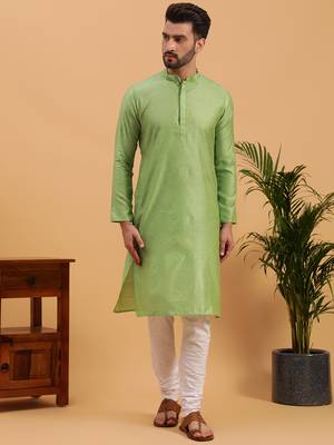 Namaskar SEA GREEN COTTON Full Sleeves Self Design Knee Length Regular Fit kurta for men 1