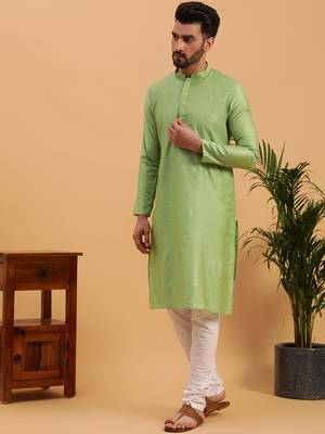 Namaskar SEA GREEN COTTON Full Sleeves Self Design Knee Length Regular Fit kurta for men 2