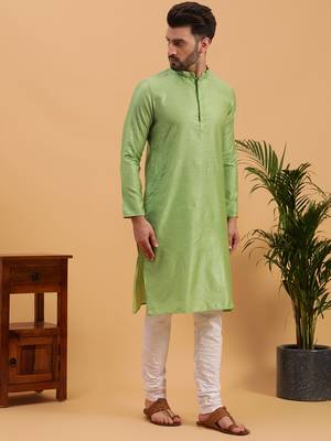 Namaskar SEA GREEN COTTON Full Sleeves Self Design Knee Length Regular Fit kurta for men 3