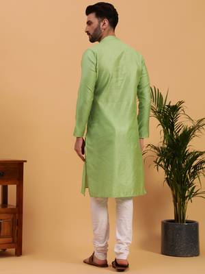 Namaskar SEA GREEN COTTON Full Sleeves Self Design Knee Length Regular Fit kurta for men 4