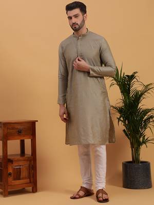 Namaskar SILVER COTTON Full Sleeves Self Design Knee Length Regular Fit kurta for men 1