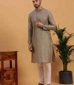 Namaskar SILVER COTTON Full Sleeves Self Design Knee Length Regular Fit kurta for men