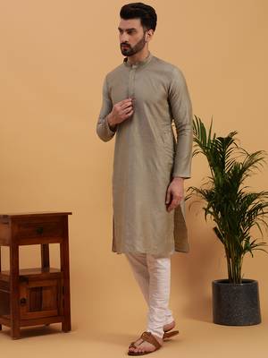 Namaskar SILVER COTTON Full Sleeves Self Design Knee Length Regular Fit kurta for men 2