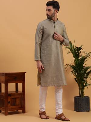 Namaskar SILVER COTTON Full Sleeves Self Design Knee Length Regular Fit kurta for men 3