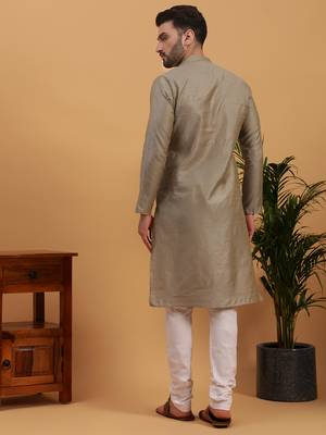 Namaskar SILVER COTTON Full Sleeves Self Design Knee Length Regular Fit kurta for men 4