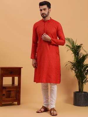 Namaskar RED COTTON Full Sleeves Self Design Knee Length Regular Fit kurta for men 1