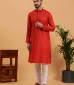 Namaskar RED COTTON Full Sleeves Self Design Knee Length Regular Fit kurta for men