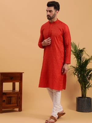 Namaskar RED COTTON Full Sleeves Self Design Knee Length Regular Fit kurta for men 2