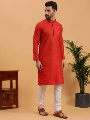 Namaskar RED COTTON Full Sleeves Self Design Knee Length Regular Fit kurta for men 3