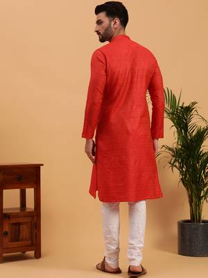 Namaskar RED COTTON Full Sleeves Self Design Knee Length Regular Fit kurta for men 4