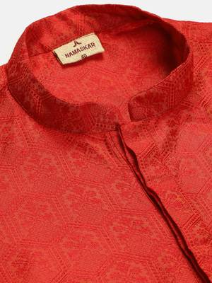 Namaskar RED COTTON Full Sleeves Self Design Knee Length Regular Fit kurta for men 5
