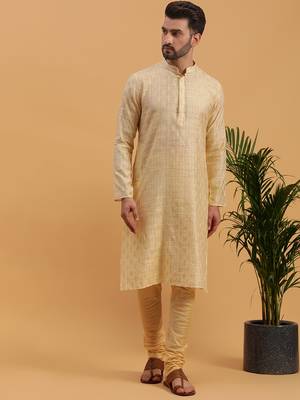 Namaskar CREAM JAQUARD Full Sleeves Self Design Knee Length Regular Fit kurta for men 1