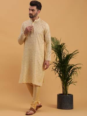 Namaskar CREAM JAQUARD Full Sleeves Self Design Knee Length Regular Fit kurta for men 2