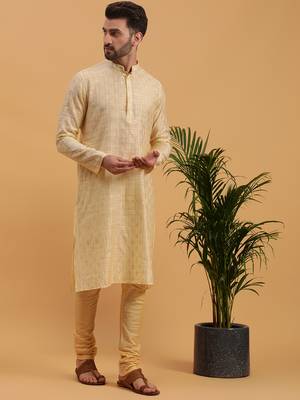 Namaskar CREAM JAQUARD Full Sleeves Self Design Knee Length Regular Fit kurta for men 3