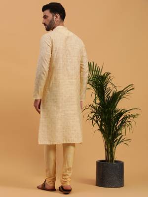 Namaskar CREAM JAQUARD Full Sleeves Self Design Knee Length Regular Fit kurta for men 4