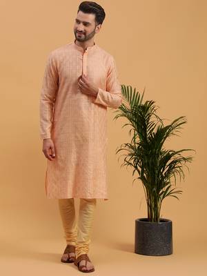 Namaskar PEACH JAQUARD Full Sleeves Self Design Knee Length Regular Fit kurta for men 1