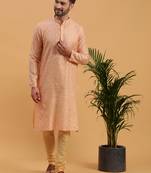 Namaskar PEACH JAQUARD Full Sleeves Self Design Knee Length Regular Fit kurta for men