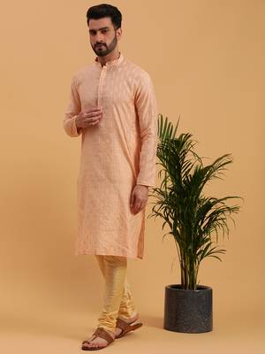 Namaskar PEACH JAQUARD Full Sleeves Self Design Knee Length Regular Fit kurta for men 2