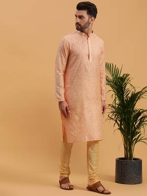 Namaskar PEACH JAQUARD Full Sleeves Self Design Knee Length Regular Fit kurta for men 3