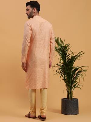 Namaskar PEACH JAQUARD Full Sleeves Self Design Knee Length Regular Fit kurta for men 4