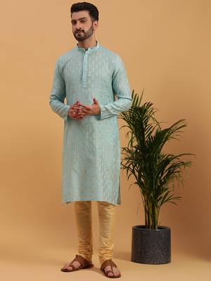 Namaskar SKY JAQUARD Full Sleeves Self Design Knee Length Regular Fit kurta for men 1