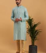 Namaskar SKY JAQUARD Full Sleeves Self Design Knee Length Regular Fit kurta for men