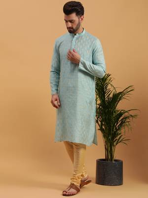 Namaskar SKY JAQUARD Full Sleeves Self Design Knee Length Regular Fit kurta for men 2