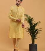 Namaskar YELLOW JAQUARD Full Sleeves Self Design Knee Length Regular Fit kurta for men