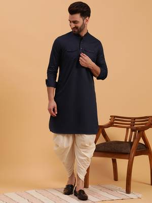 navy blue cotton full sleeve kurta for men 1