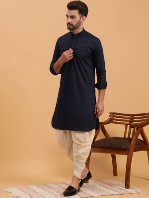 navy blue cotton full sleeve kurta for men 2