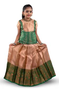 Girls Green Golden Croton Pattu Pavadai | Langa