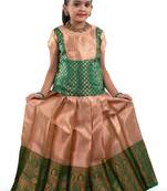 Girls Green Golden Croton Pattu Pavadai | Langa