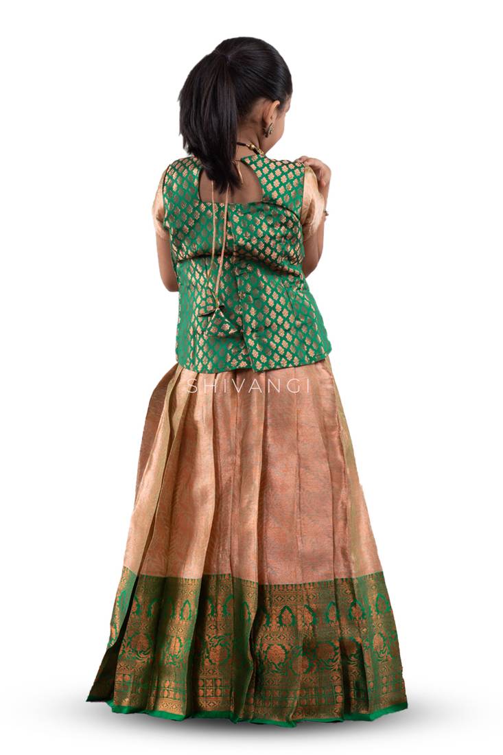 Girls Green Golden Croton Pattu Pavadai | Langa