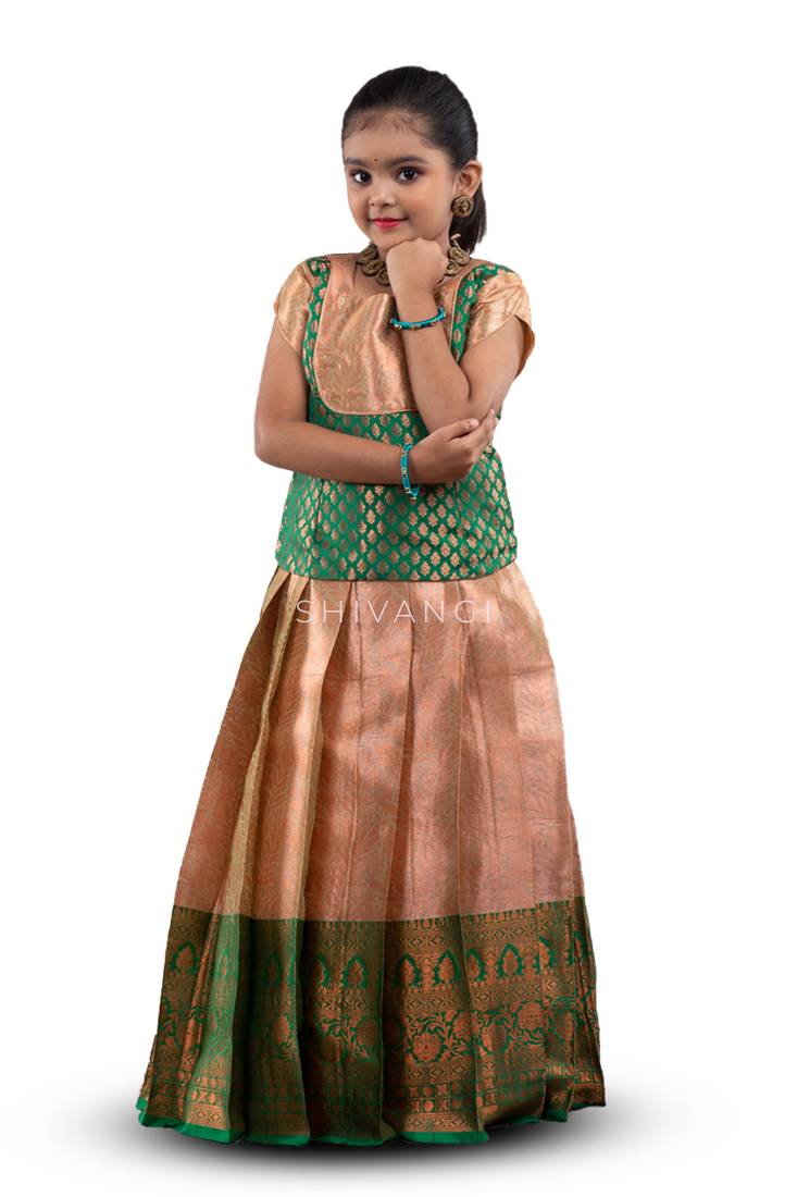 Girls Green Golden Croton Pattu Pavadai | Langa