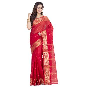 Ruuprekha Women's Pure Cotton Woven Red Saree without Blouse 1