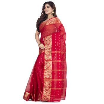 Ruuprekha Women's Pure Cotton Woven Red Saree without Blouse 2