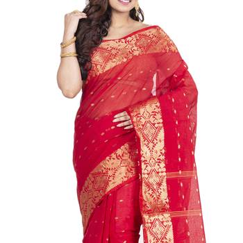Ruuprekha Women's Pure Cotton Woven Red Saree without Blouse 4