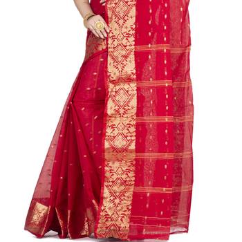 Ruuprekha Women's Pure Cotton Woven Red Saree without Blouse 5