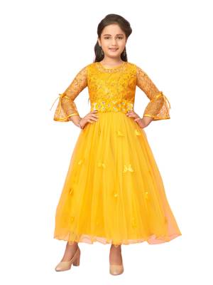 Yellow plain nylon kids-girl-gowns 1
