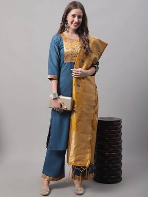 Blue jacquard cotton silk Kurta Pant With Dupatta 1