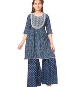Blue embroidered cotton girls-top-bottom