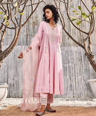 Blush Pink Dobby Cotton Anarkali Set 1