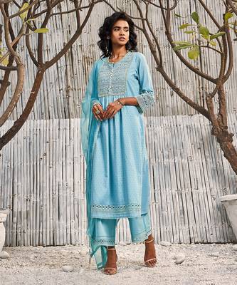 Tropical Blue Dobby Cotton Palazzo Set 1