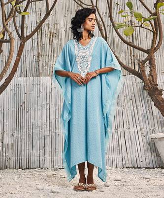 Tropical Blue Dobby Cotton Kaftan 1
