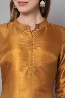 Mustard jacquard cotton silk Kurta Pant With Dupatta