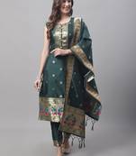 Dark-green jacquard cotton silk Kurta Pant With Dupatta