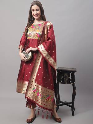 Maroon jacquard cotton silk Kurta Pant With Dupatta 1