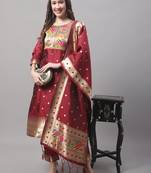 Maroon jacquard cotton silk Kurta Pant With Dupatta
