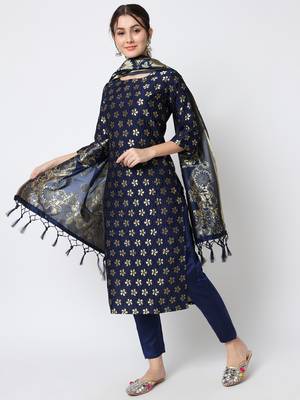 Navy-blue jacquard cotton silk Kurta Pant With Dupatta 1